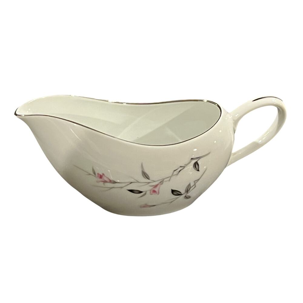 Cherry Blossom Gravy Pitcher Boat Handled 8.5" Pink Gray Fine Bone China Vtg